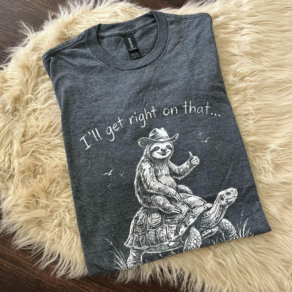 Heather Gray "I'll get right on that" Sloth on Turtle Graphic Tee T-shirt Size L